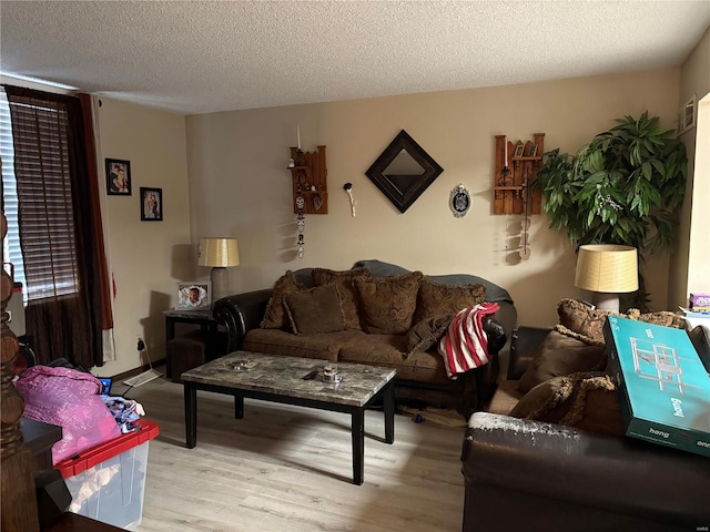 living room featuring light hardwood / wood-style flooring and a textured ceiling