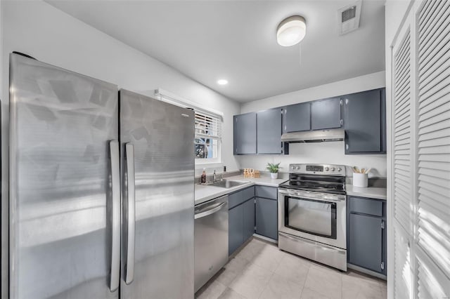 kitchen with under cabinet range hood, a sink, visible vents, light countertops, and appliances with stainless steel finishes