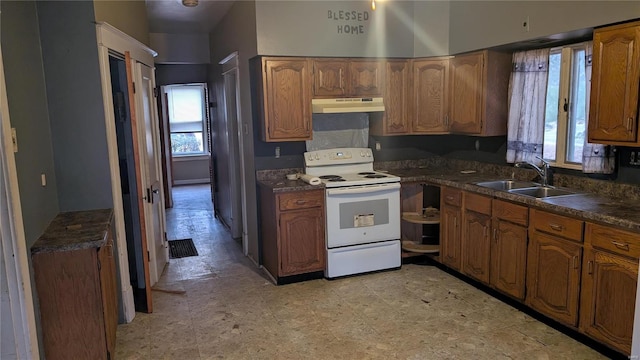 kitchen with sink and white range with electric stovetop