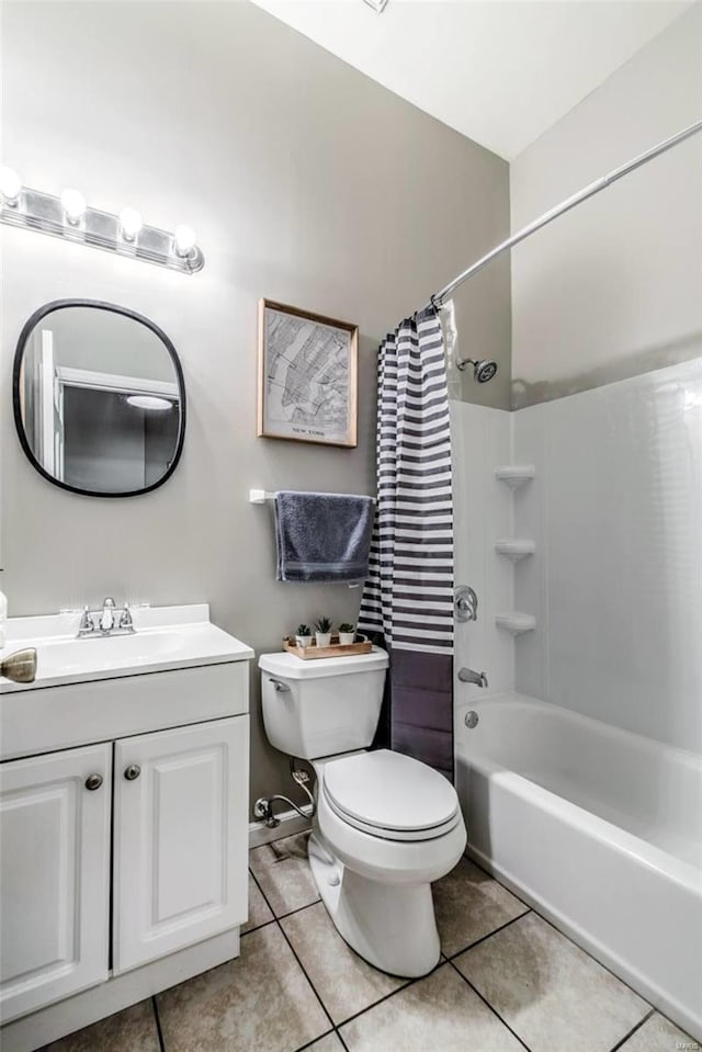 full bathroom with vanity, tile patterned flooring, shower / bathtub combination with curtain, and toilet