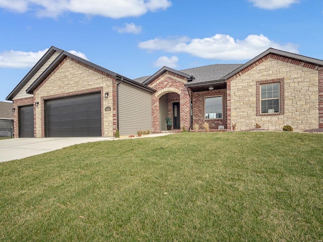 single story home with a front lawn and a garage