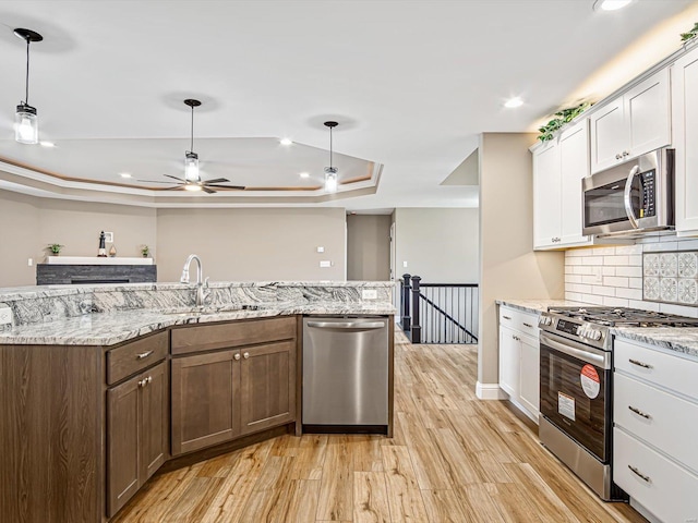 kitchen with stainless steel appliances, pendant lighting, a tray ceiling, white cabinets, and light wood-type flooring