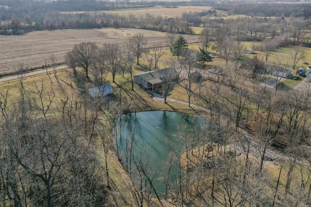 aerial view featuring a water view and a rural view