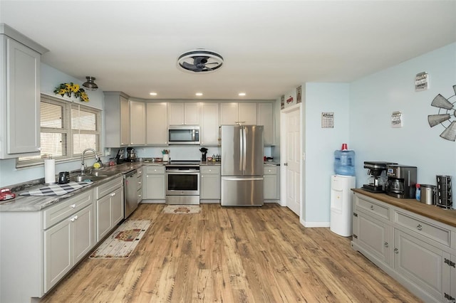 kitchen featuring gray cabinets, sink, stainless steel appliances, and light hardwood / wood-style flooring