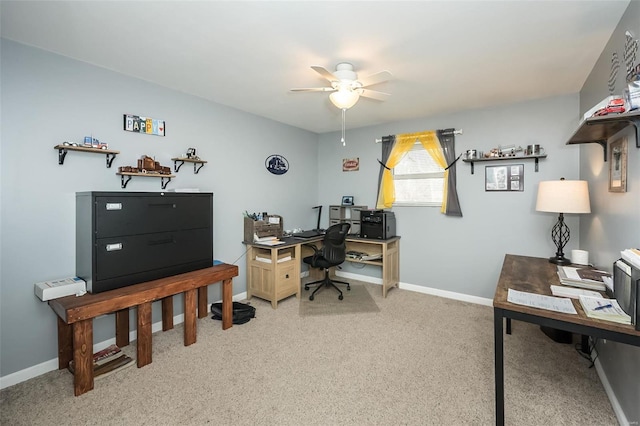 carpeted office with ceiling fan