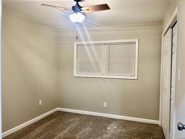 unfurnished bedroom with a closet, ceiling fan, and carpet flooring