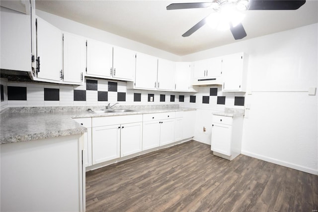 kitchen featuring decorative backsplash, white cabinetry, sink, and dark wood-type flooring