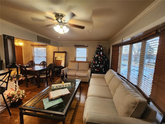 living room featuring ceiling fan, ornamental molding, and dark hardwood / wood-style floors