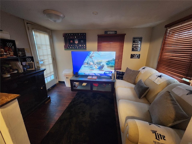 living room with dark wood-style flooring