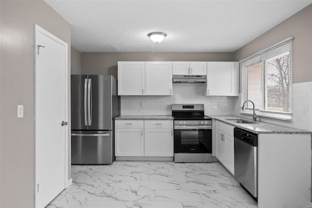 kitchen featuring sink, white cabinetry, stainless steel appliances, and tasteful backsplash