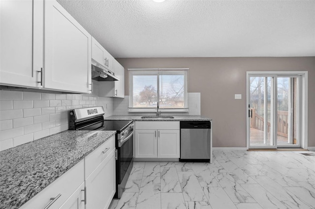 kitchen with a wealth of natural light, white cabinets, and stainless steel appliances