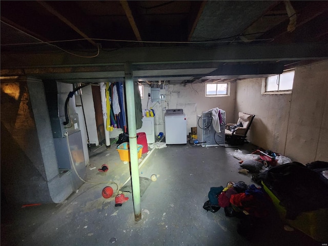 basement featuring separate washer and dryer and electric panel