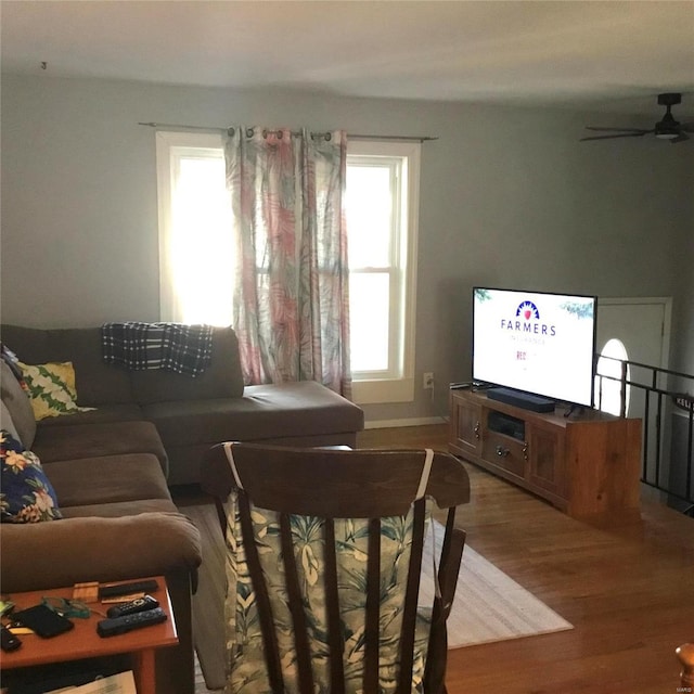 living room featuring wood-type flooring and ceiling fan