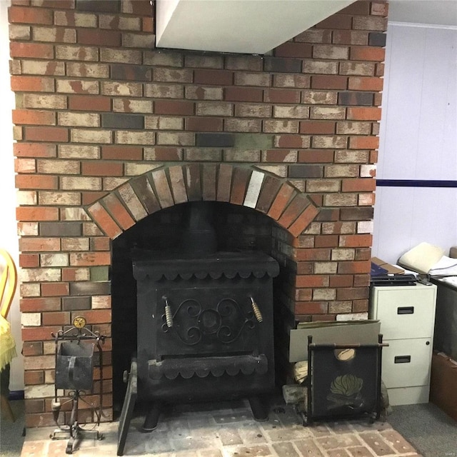 room details featuring a wood stove