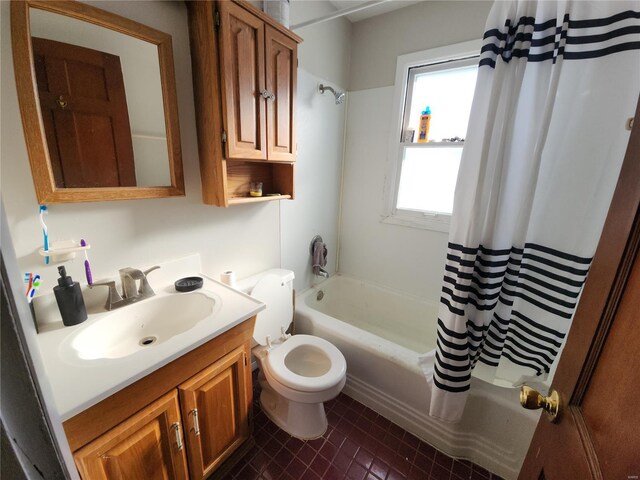 full bath featuring toilet, shower / bath combination with curtain, and vanity