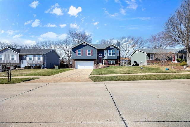 view of front facade featuring brick siding, a chimney, concrete driveway, and a front lawn