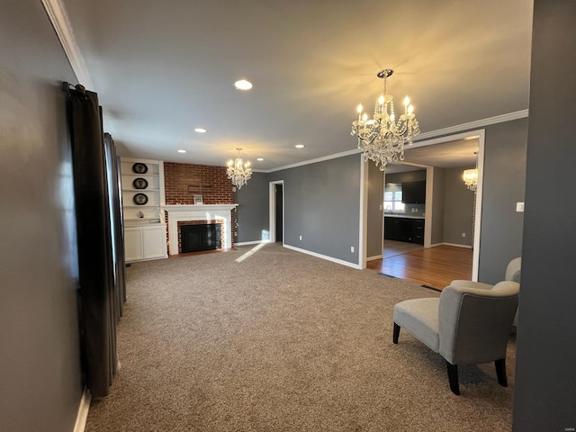 carpeted living room with a fireplace, an inviting chandelier, and crown molding