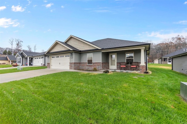 craftsman-style home featuring a front yard, a garage, and covered porch