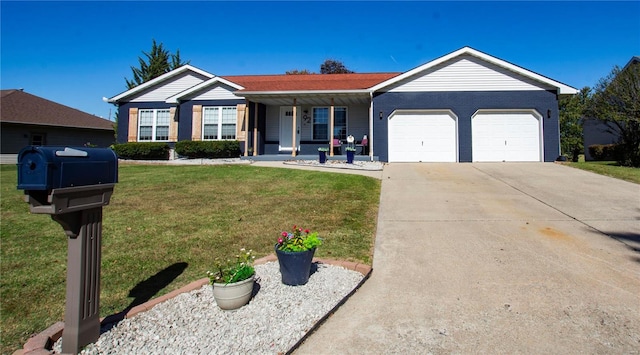 single story home featuring a porch, a garage, and a front lawn