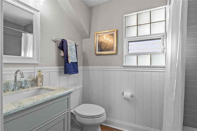 bathroom featuring toilet, wainscoting, and vanity