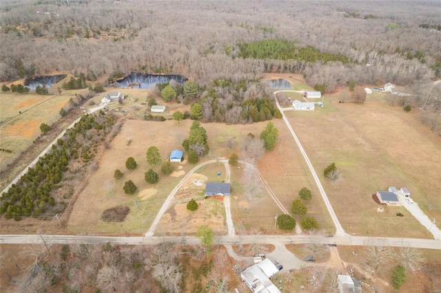 bird's eye view featuring a rural view and a water view