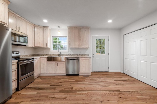 kitchen featuring stainless steel appliances, plenty of natural light, and light hardwood / wood-style floors