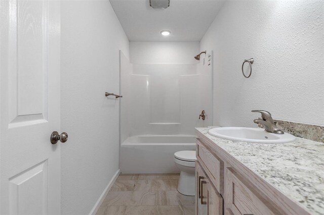 full bathroom with bathing tub / shower combination, vanity, and toilet