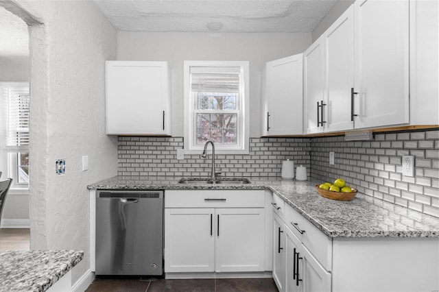 kitchen with white cabinets, dishwasher, and sink