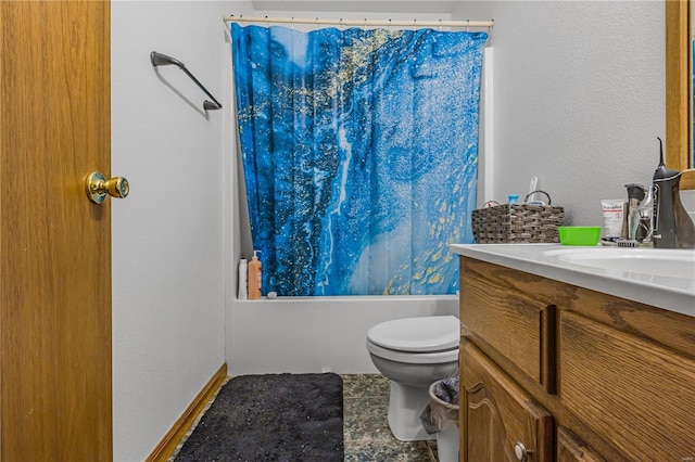 full bathroom featuring toilet, shower / tub combo, and vanity