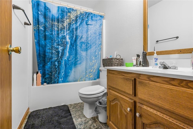 full bathroom with toilet, vanity, and shower / tub combo with curtain