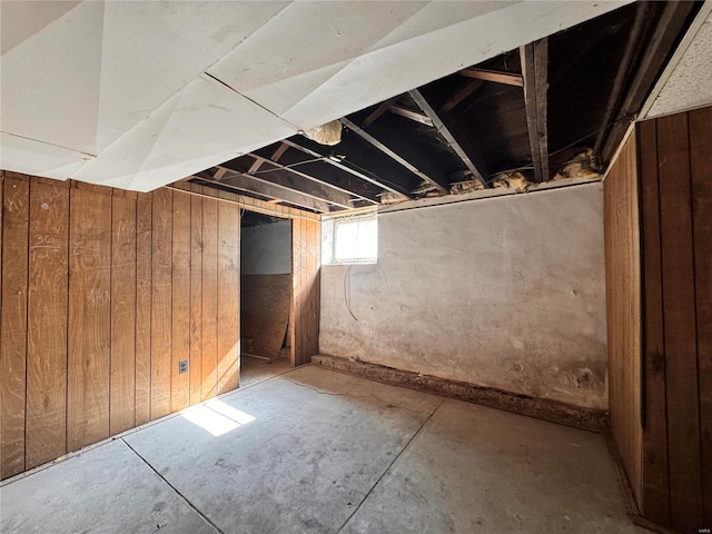 basement featuring wood walls