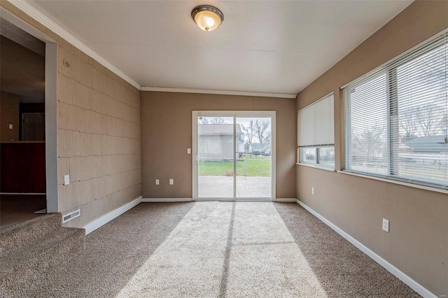 carpeted spare room featuring lofted ceiling and ornamental molding