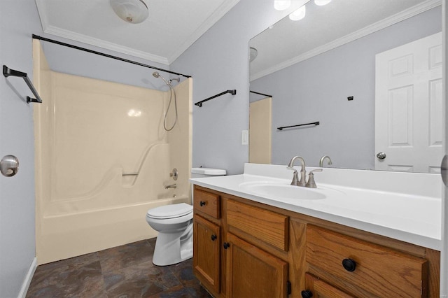 full bathroom with toilet, crown molding, tub / shower combination, and vanity