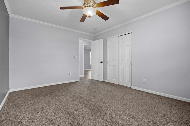 unfurnished bedroom featuring a closet, ceiling fan, and ornamental molding