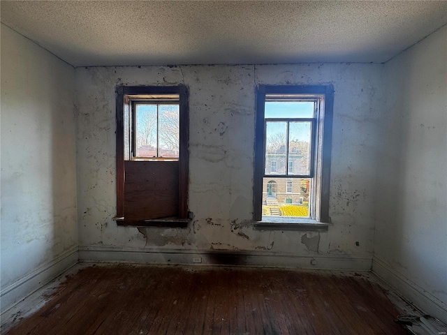 unfurnished room featuring wood-type flooring, a textured ceiling, and a wealth of natural light