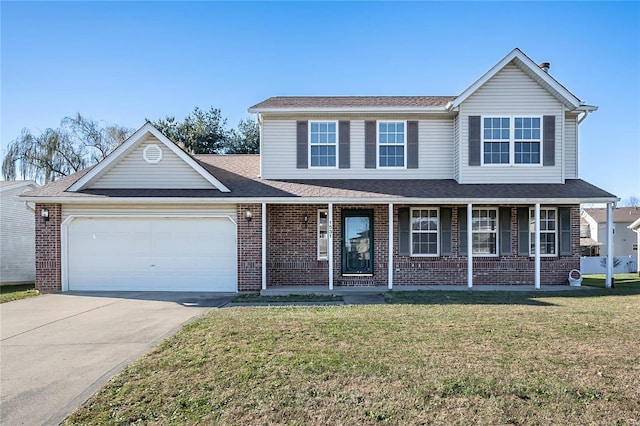 front facade with covered porch, a garage, and a front yard