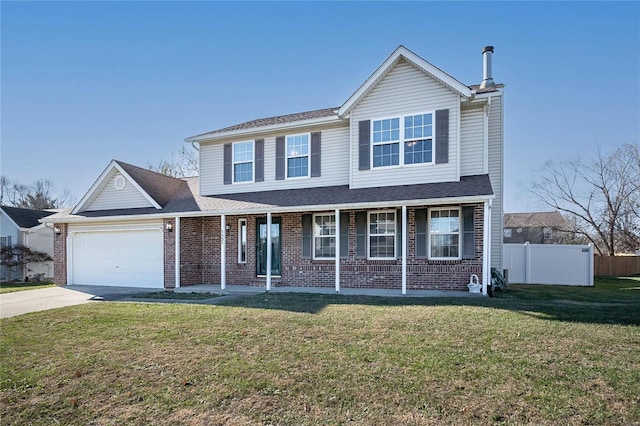 front facade with covered porch, a garage, and a front lawn