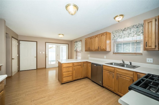 kitchen featuring a healthy amount of sunlight, sink, stainless steel dishwasher, and light hardwood / wood-style floors