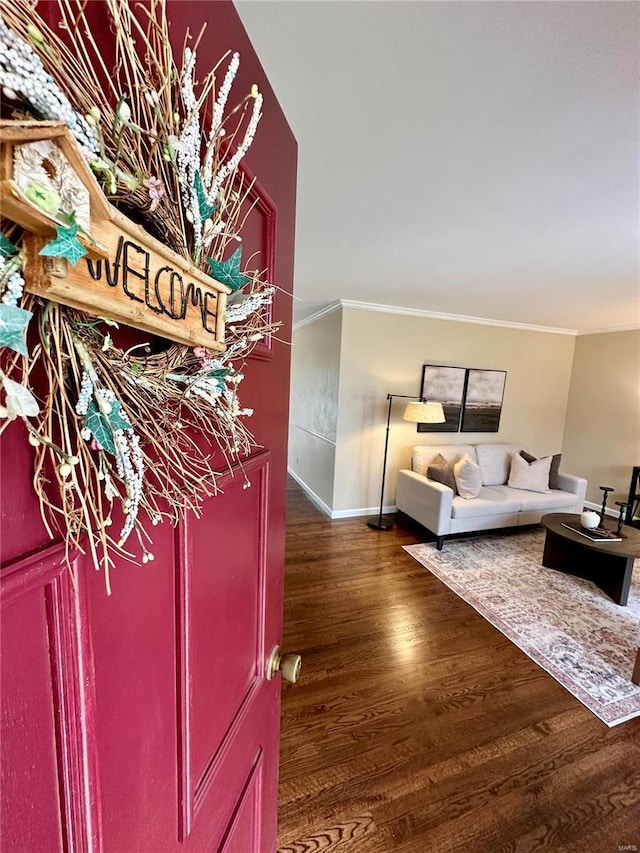 interior space with crown molding and dark wood-type flooring