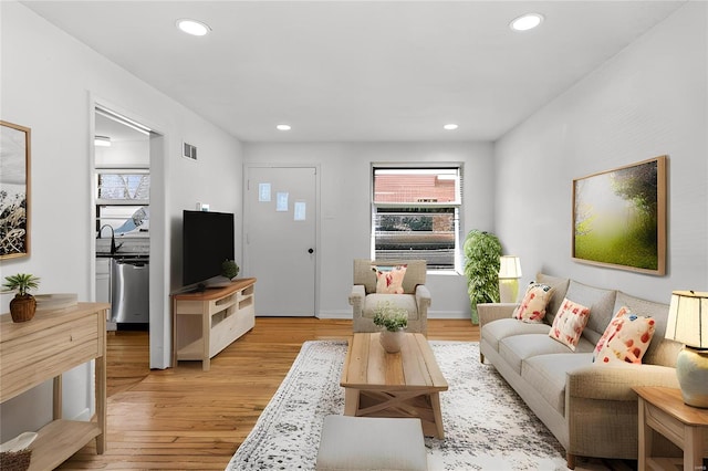 living room featuring light hardwood / wood-style floors and sink