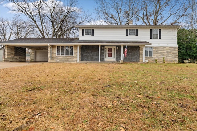 front facade with a front lawn and a carport