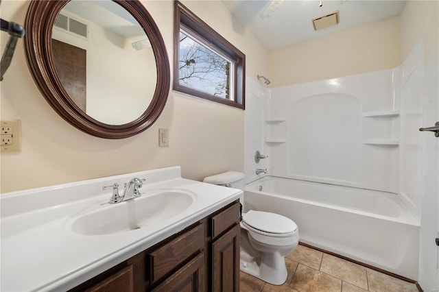 full bathroom featuring shower / tub combination, tile patterned floors, vanity, and toilet