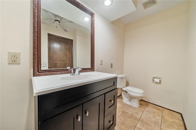 bathroom featuring tile patterned floors, ceiling fan, vanity, and toilet