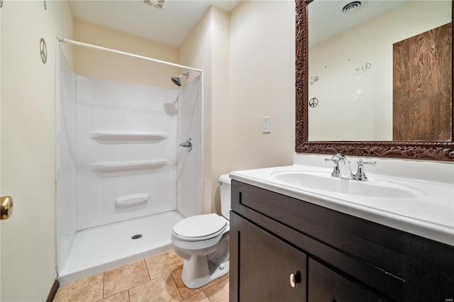 bathroom with tile patterned flooring, vanity, toilet, and a shower