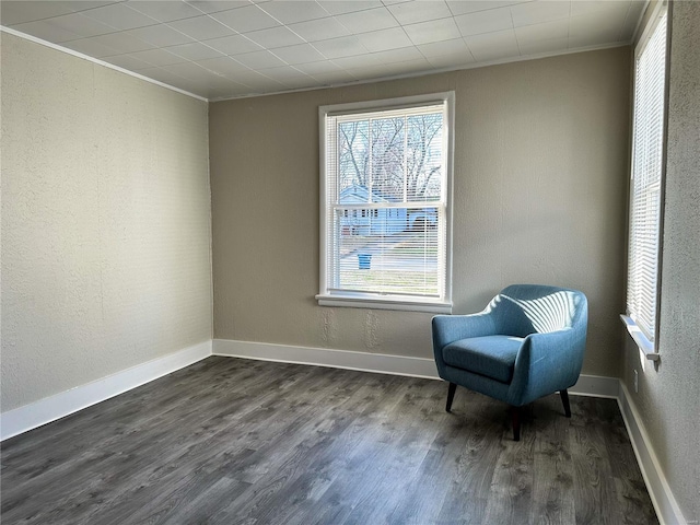 living area featuring dark hardwood / wood-style floors and crown molding