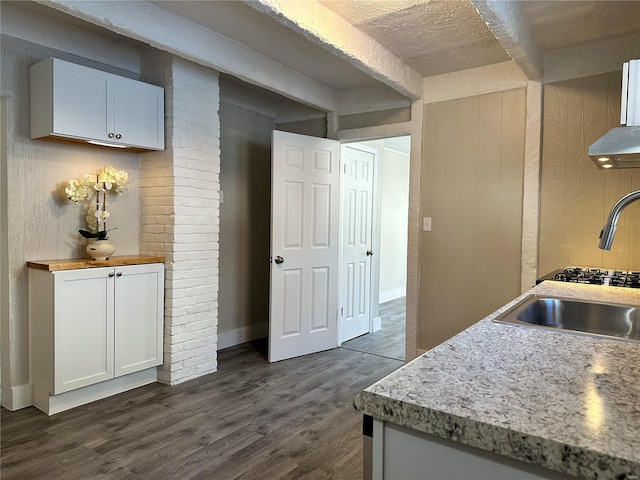 kitchen featuring exhaust hood, sink, white cabinets, and dark wood-type flooring