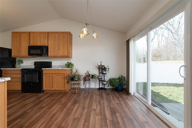 kitchen featuring lofted ceiling, hanging light fixtures, black appliances, dark wood-type flooring, and an inviting chandelier