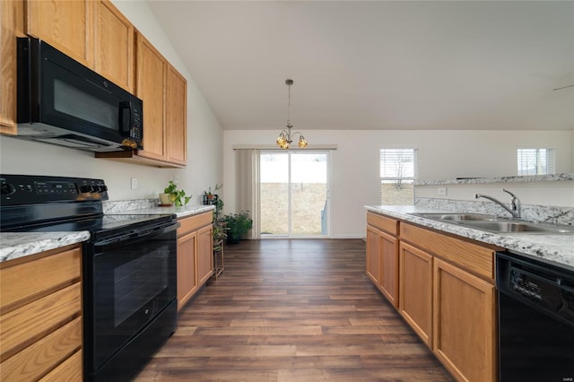 kitchen with sink, a notable chandelier, black appliances, light stone countertops, and dark wood-type flooring