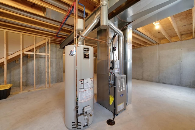 basement with gas water heater and heating unit