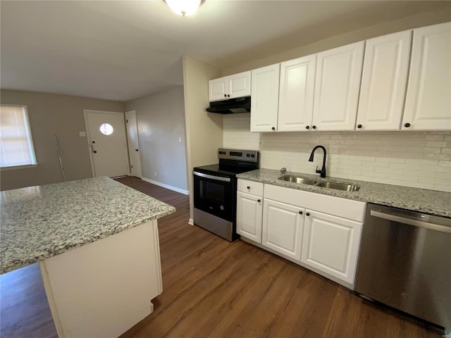 kitchen with sink, white cabinets, dark hardwood / wood-style floors, and appliances with stainless steel finishes